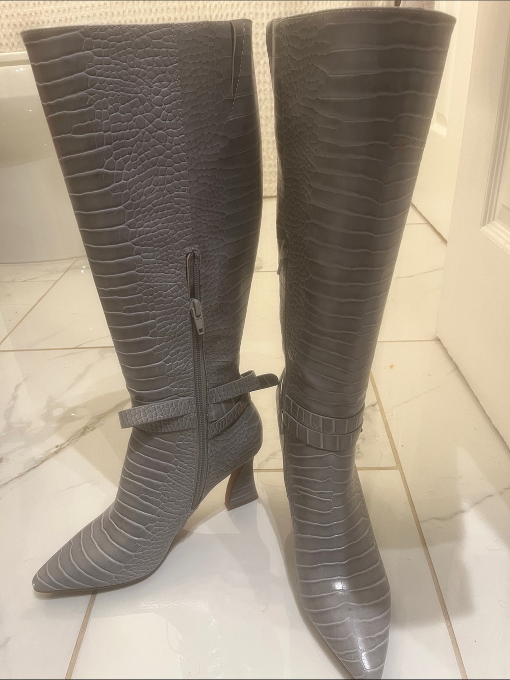 Charles By Charles David Gray Croc-Embossed Knee-High Heeled Boots